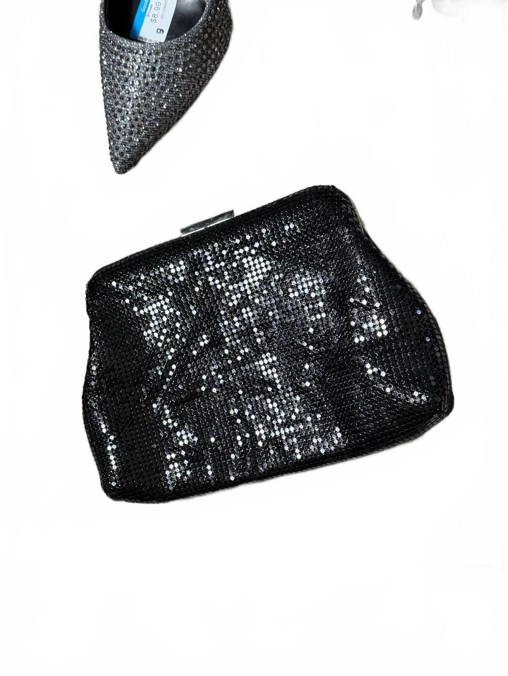 Y2K black metal mesh evening clutch Silver snap minimalist glam formal evening